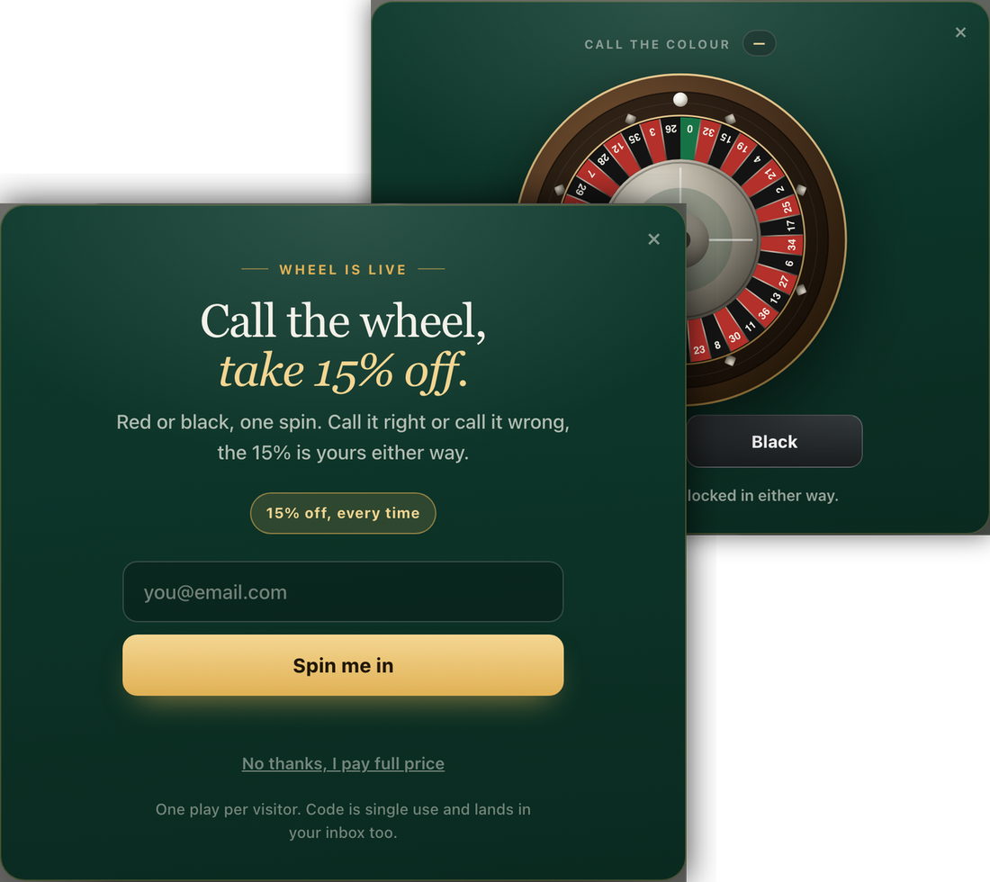 Our roulette popup, two steps: an email field offering fifteen percent off, and behind it the wheel where the visitor calls red or black.