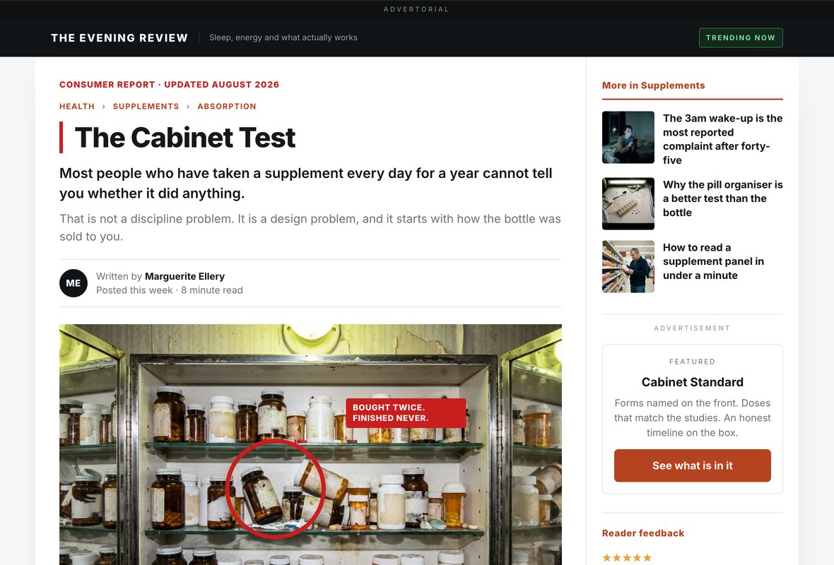 A pre-sell page headlined The Cabinet Test, with a publisher masthead, an annotated photograph and an editorial sidebar