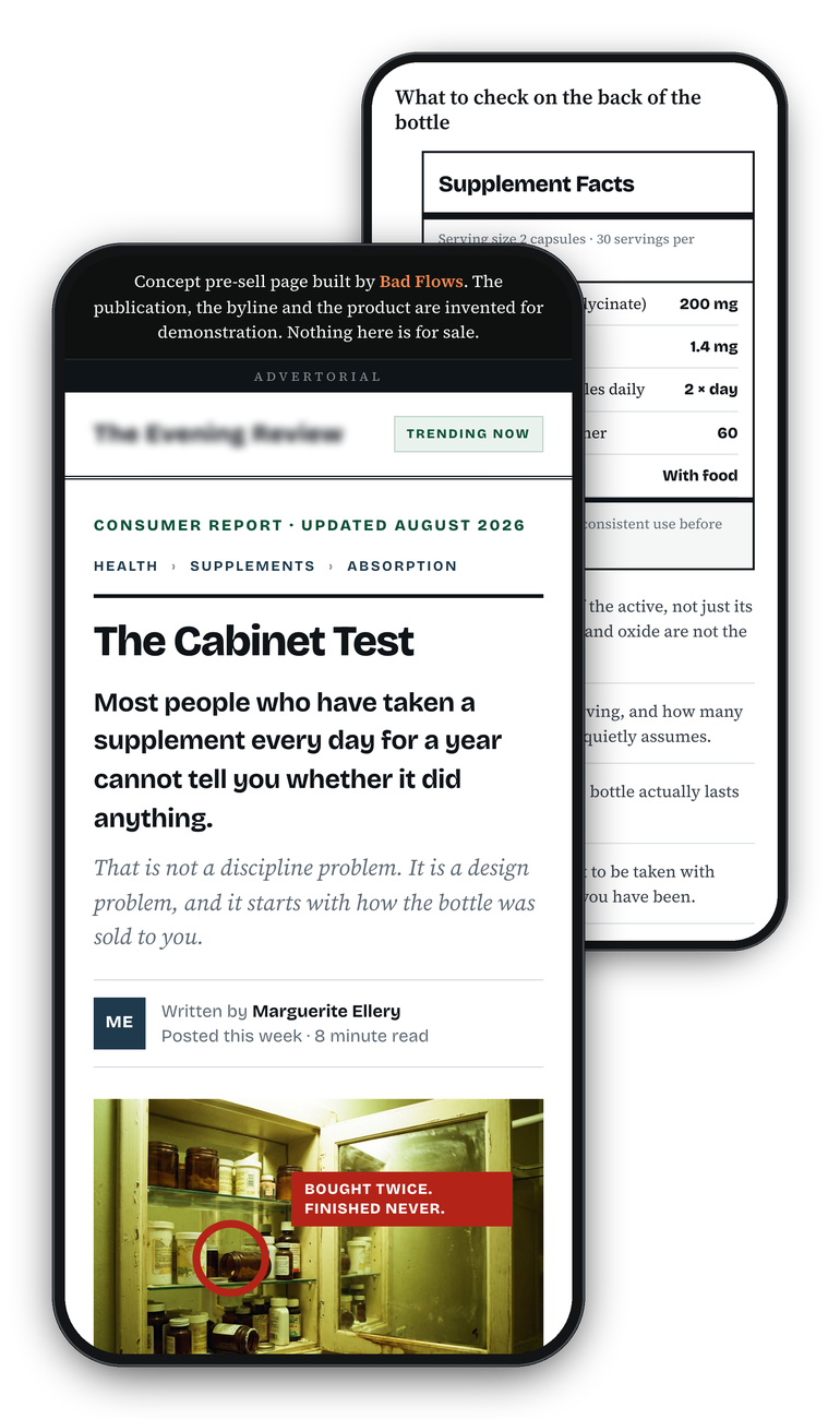The Cabinet Test on two phones: the opening screen with the publication name obscured, and behind it the annotated supplement panel from further down the page.