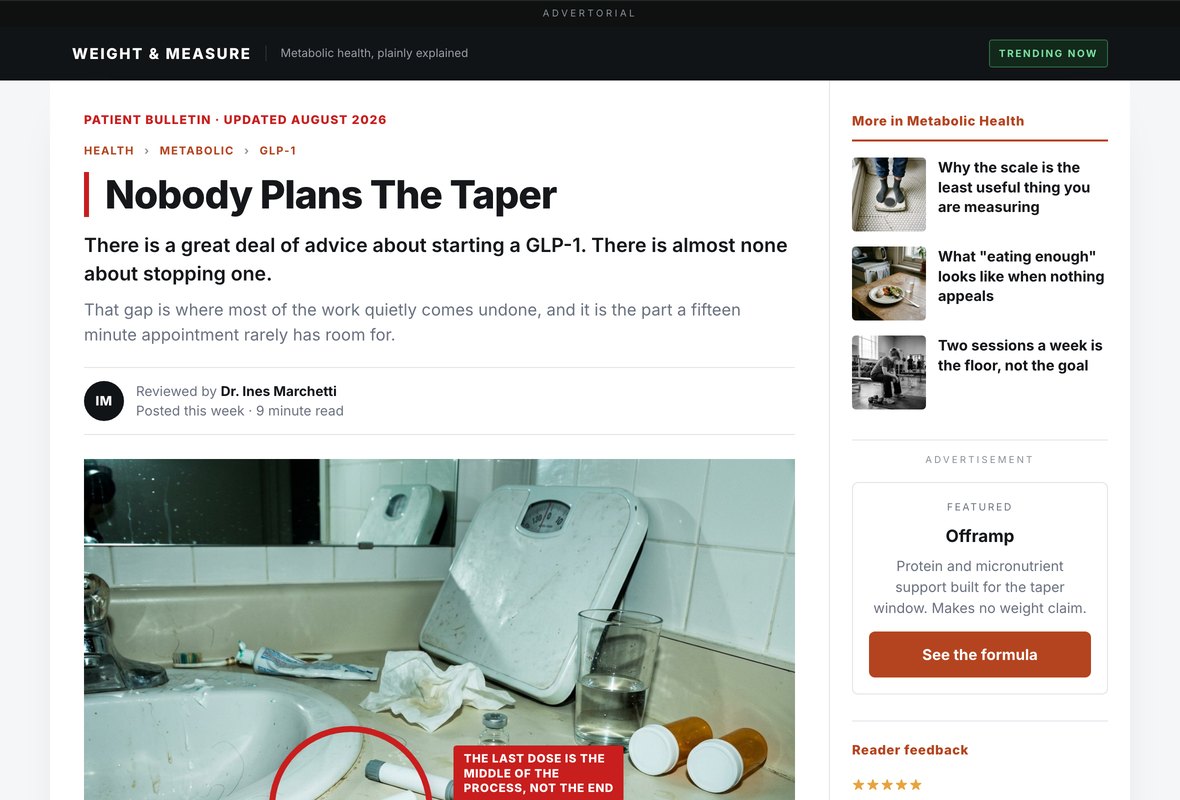 A pre-sell page headlined Nobody Plans The Taper, with a publisher masthead, an annotated photograph and an editorial sidebar