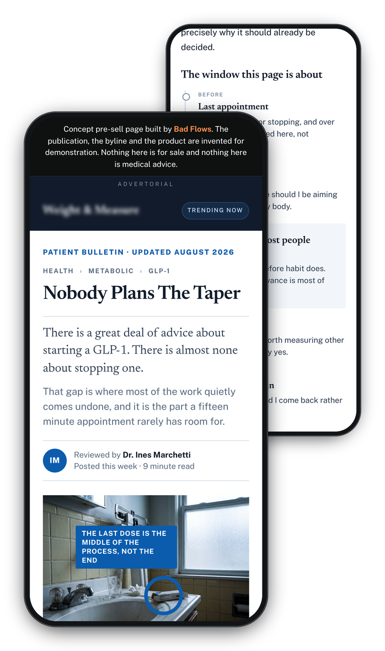 Nobody Plans The Taper on two phones: the opening screen with the publication name obscured, and behind it the taper timeline from further down the page.