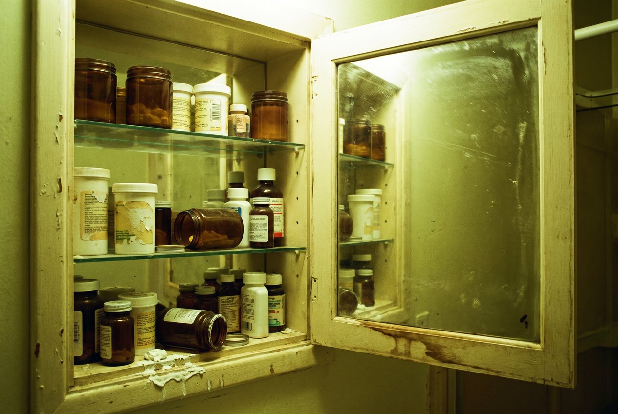 An open bathroom cabinet crowded with unlabelled supplement bottles, several tipped over and half empty