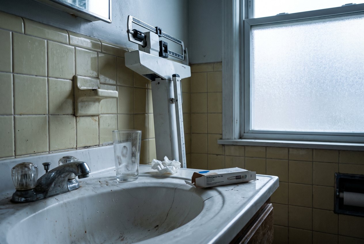 A bathroom counter with an unlabelled injector pen, a vial, a used swab wrapper and a bathroom scale leaning against the wall